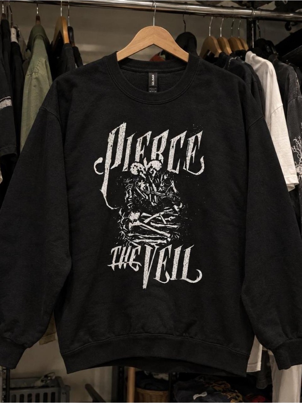 Gildan Black Crewneck Sweatshirt with White "Pierce The Veil" Graphic